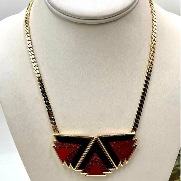 Ben-Amun Designer Red Brown Geometric Gold Tone‎ Pendant Collar Necklace